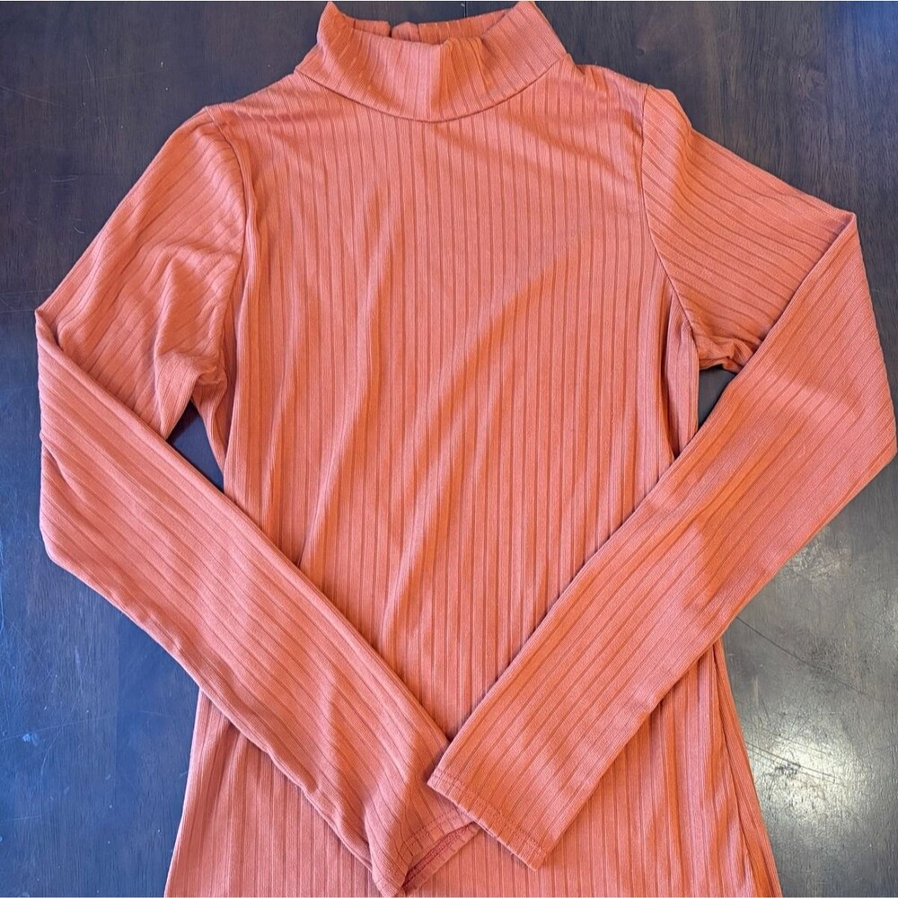 Womens turtleneck long sleeve top tshirt orange rust ribbed spring teens girls